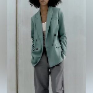 Zara longline straight double breasted sage green blazer